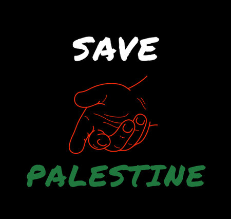 Illustration text SAVE PALESTINE with helping hand icon on black background.の写真素材