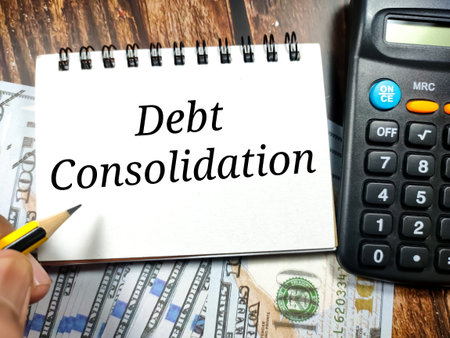 Business concept.Text Debt consolidation with banknote,pencil and calculator on wooden table...