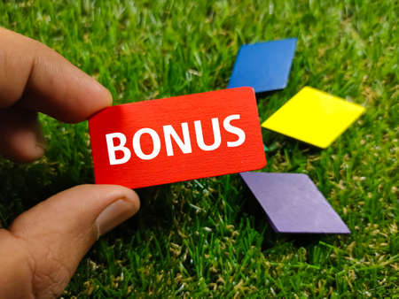 Colorful wooden board with text BONUS on grass background.の写真素材