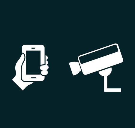 Illustration of a simple hand holding smartphone with cctv icon on dark green background.Concept of a monitoring cctv from smartphone.の写真素材