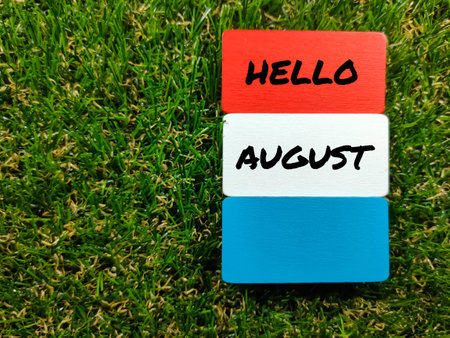 Colorful wooden board with text HELLO AUGUST on grass background.