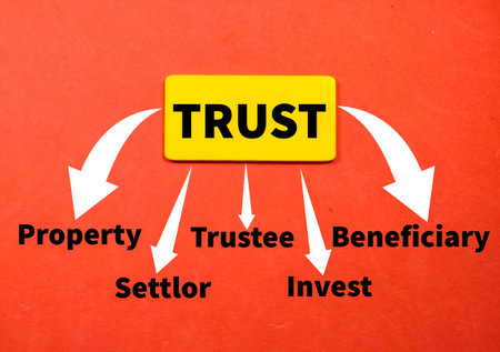 Business concept.Text TRUST writing on colored wooden board on a red background.
