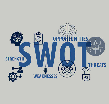 SWOT Analysis concept. Strengths, weaknesses, threats and opportunities of company. Illustration with keywords and icons.の写真素材