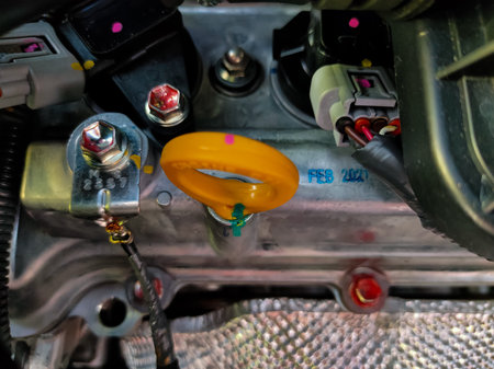 Malaysia, Perak, 16 May 2021: Yellow engine oil quantity gauge on the new PRODUA ALZA car. Shot were...