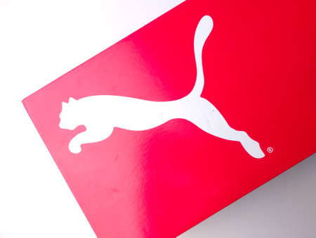 Malaysia, 25 March 2022: Red Puma shoe box on a white background.のeditorial素材