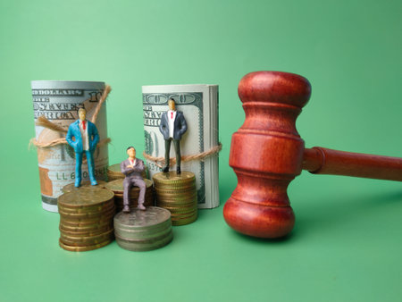 Gavel,banknotes,miniature people and coins on a green background.