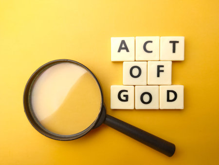 Magnifying glass and toys word with text ACT OF GOD on yellow background.