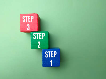 Top view colored wooden block with text STEP 123 on green background.の写真素材