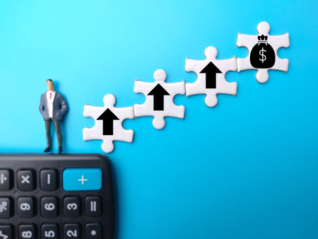 Miniature people and calculator with growth up arrow and money icon. The concept of business...