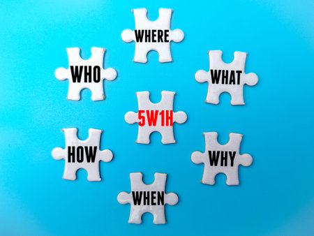 White puzzle with the word WHERE,WHO,WHAT,WHEN,WHY and HOW on blue background.