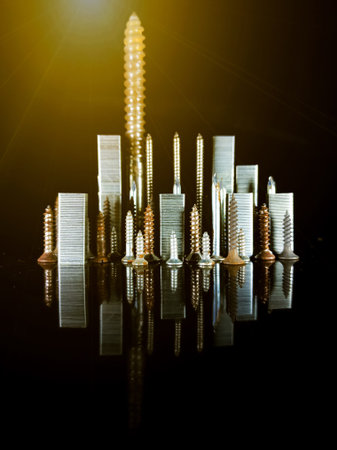 Miniature City Skyline made from Screws, Nuts and Bolts