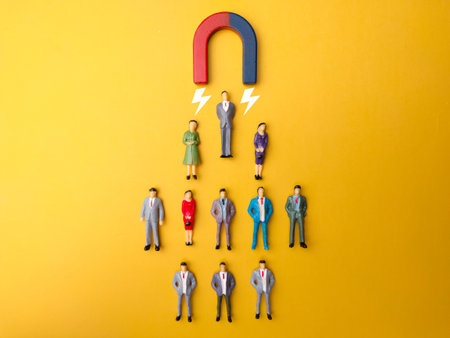 Businessman attracts by magnet on a yellow background. Business and leadership concept.の写真素材