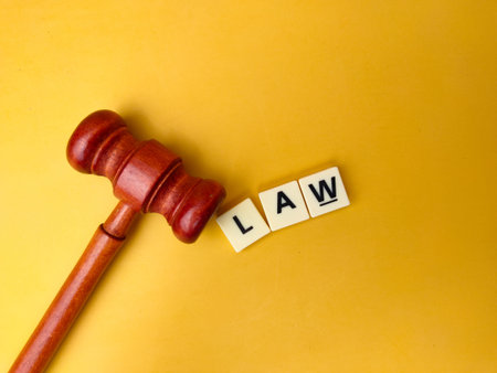 Gavel and toys word with the word LAW on a yellow background.