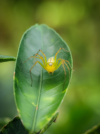 Oxyopes salticus on a green leaf.Oxyopes salticus Its habitat tends to be grasses and leafy vegetation; grassy, weedy fields, and row crops.の写真素材