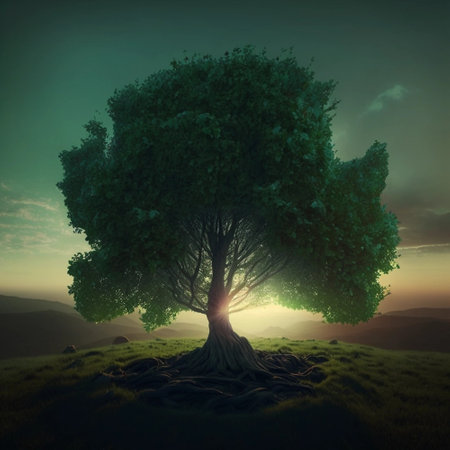 Big green trees on the mountain with a beautiful sunset backgroundの素材