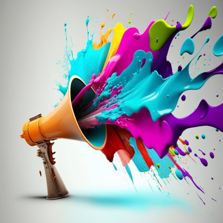 Megaphone with colorful water splash and white background 3d image detail.の素材