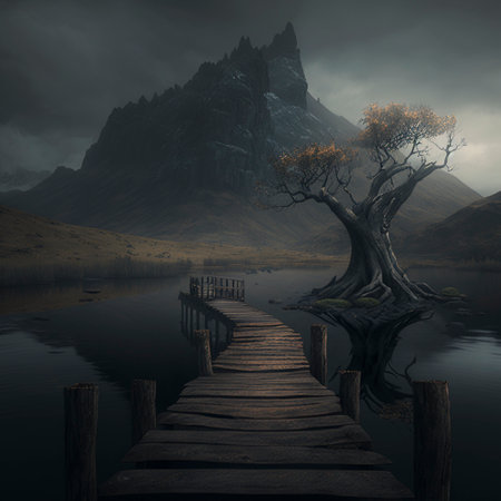Illustration of a wooden jetty with dark river and dark tree with mountain background full hd.の素材