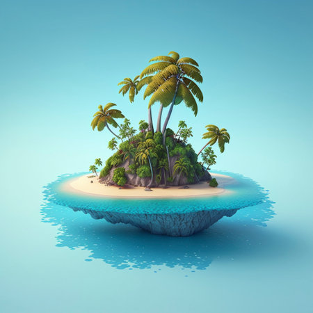 3d Illustration island coconut tree with blue sky and blue sea.の素材
