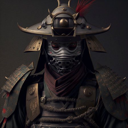 Illustration of a japanese face creepy old army,samurai army suitの素材