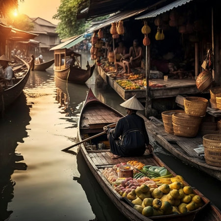 Illustration of a floating market thailand morning high quality.の素材