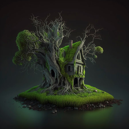 Illustration of a miniature ghost house,creepy dark mode with green tree full hd.の素材