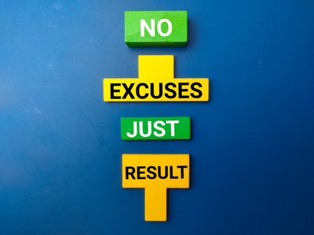 Colored wooden block with the word NO EXCUSES JUST RESULT.の写真素材