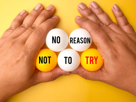 Hand holding ball with the word NO REASON NOT TO TRY