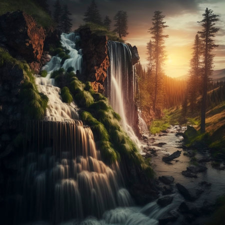 Illustration of a water fall with green forest and sunset view high quality image.の素材