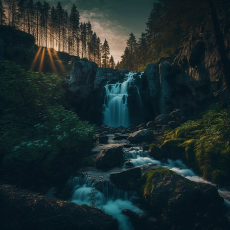 Illustration of a water fall with green forest and sunset view high quality image.の素材