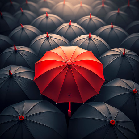Illustration of a red umbrella in the middle of hundreds of black umbrella. Insurance and protection concept.の素材