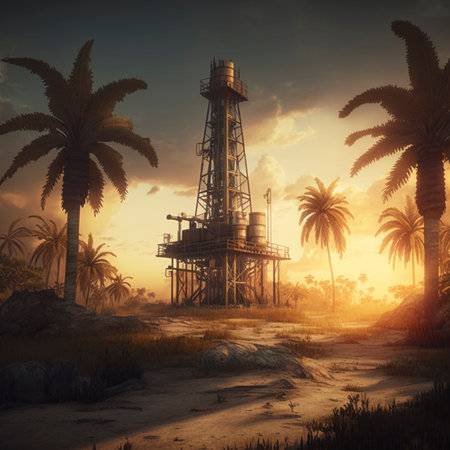 Illustration of a oil and gas plantation with cinematic and sunrise view full hd 8k.の素材