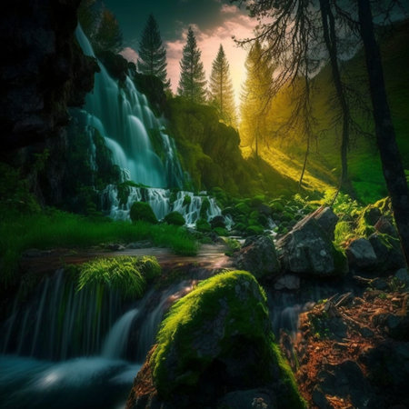 Illustration of a water fall with green forest and sunset view high quality image.の素材