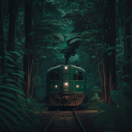 Illustration of a train in the jungle with dark forest big tree in high quality image.の素材