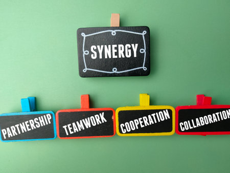 Synergy flow chart made of stickers showing words partnership, teamwork, collaboration and cooperation. Business concept.の写真素材