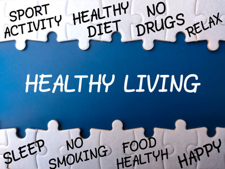 White puzzle with the word HEALTHY LIVING information on blue background. Healthcare concept.の写真素材