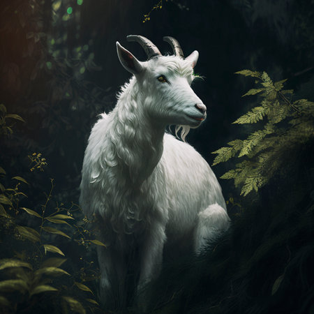 White goat in to the dark forest with green jungle full hdの素材