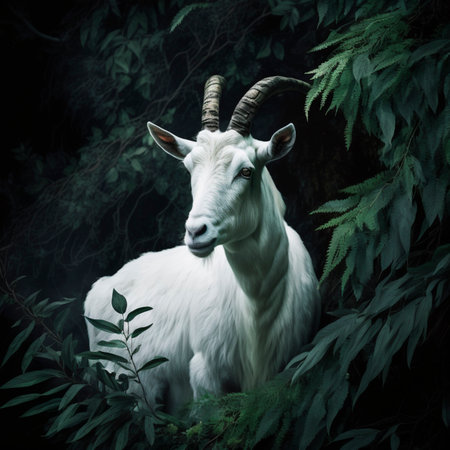 White goat in to the dark forest with green jungle full hdの素材