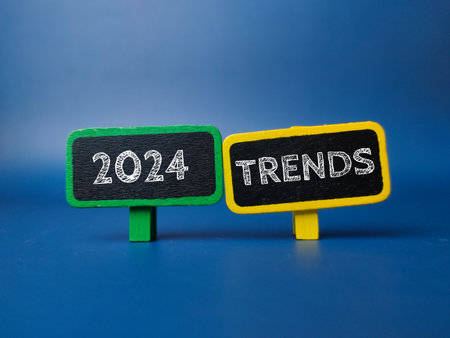 Colored board with the word 2024 TRENDS on blue backgroundの写真素材