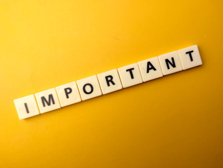 Top view toy word with the word IMPORTANT on yellow backgroundの写真素材