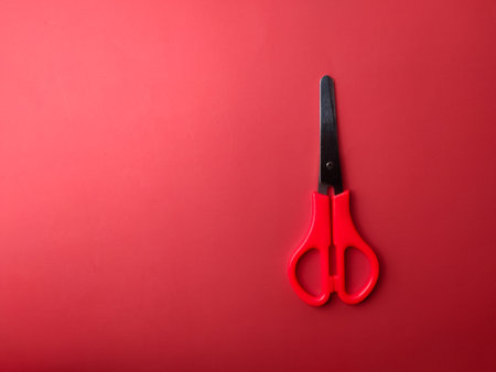 Top view red scissors on a red background with copy space
