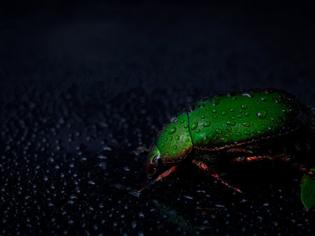 Closeup wet green beetle bug with reflection on a black background with water dropletsの写真素材