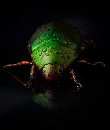 Closeup wet green beetle bug with reflection on a black background with water dropletsの写真素材