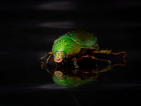 Closeup wet green beetle bug with reflection on a black background with water droplets