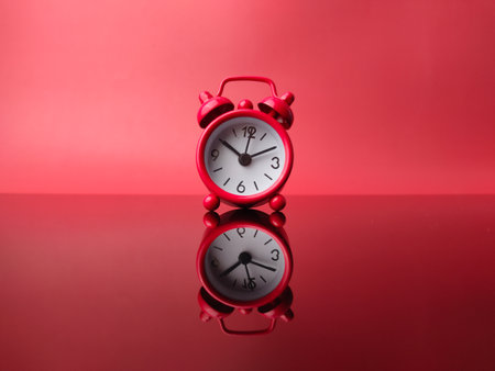 Red alarm clock with reflection on a red backgroundの写真素材