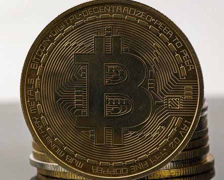 Closeup gold bitcoin with reflection on black acrylic board