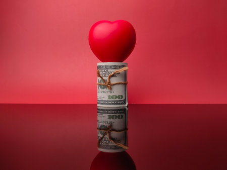 Red love and banknotes on a red background with reflectionの写真素材