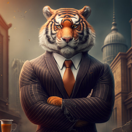 A tiger in a black suit with a very strict character and series faceの素材
