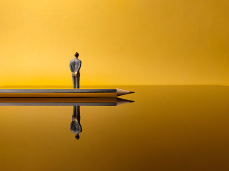 Pencil and miniature people with reflection on a yellow background. Business concept.