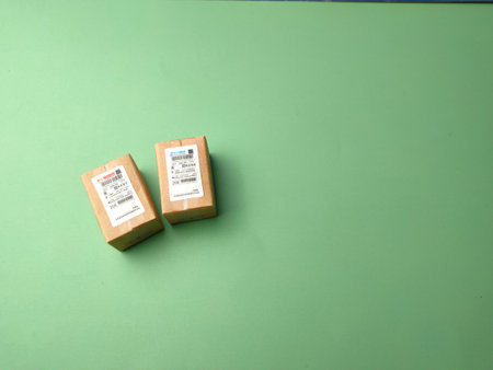 Top view.Miniature Mini Express Blind Box on a green background with copy and text space.の写真素材