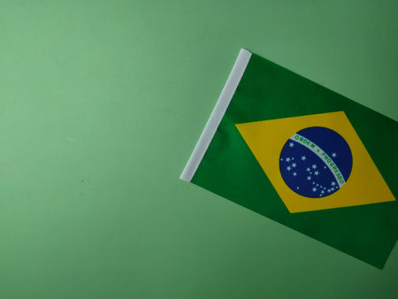 Top view brazil flag on a green background with copy and text space.の写真素材